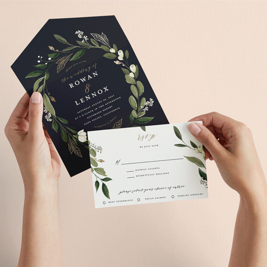 "Greenery Crown" - Savvy Wedding Invitations in Navy by Susan Moyal - Animated View
