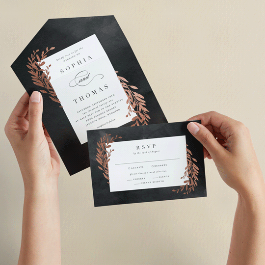 "Lux branch" - Savvy Wedding Invitations in Pepper by Stacey Meacham - Animated View