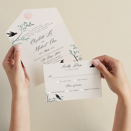 "LOVEBIRDS" - Savvy Wedding Invitations in Cream by Elly - Animated View