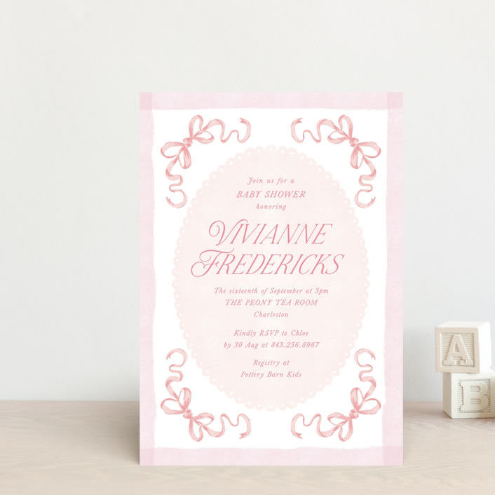 "Doodle Bow Frame" - Baby Shower Invitations in Petal by Jackie Crawford - Front