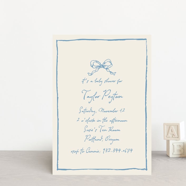 "ribbon bow drawing" - Baby Shower Invitations in Dusty Blue by Cass Loh - Front