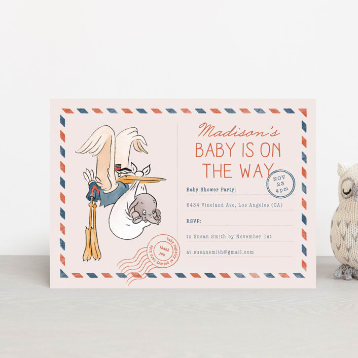 "Disney's Dumbo Stork Baby on the Way" - Baby Shower Invitations in Navy by Claudia Orengo - Front