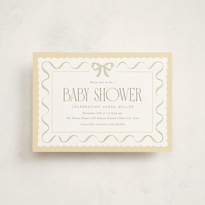 "Ribbon Toss" - Baby Shower Invitations in Lemon by Robert and Stella - Front