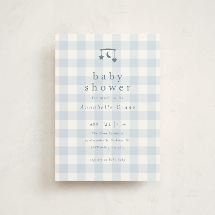 "Gingham Mobile" - Baby Shower Invitations in Baby blue by Stacey Meacham - Front