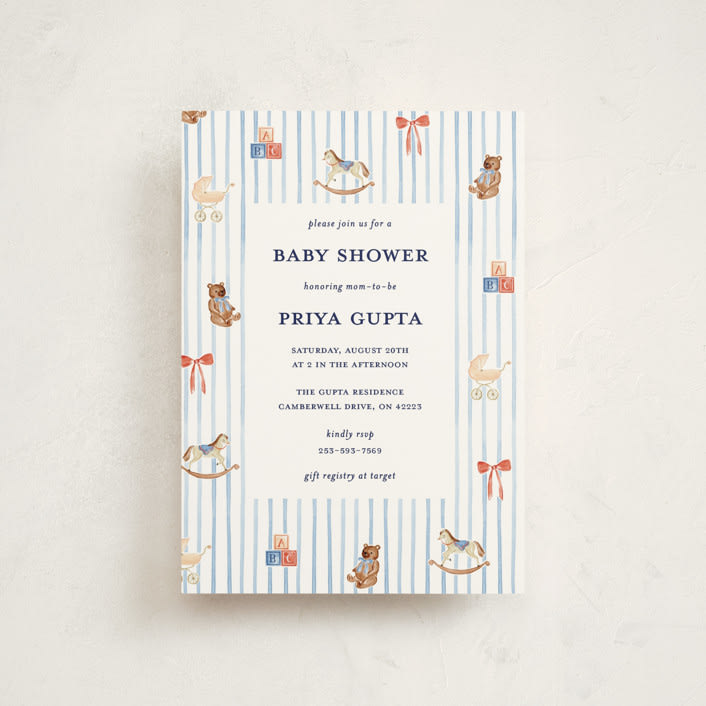 "Pinstripe" - Baby Shower Invitations in Cloud by Sarah Knight - Front