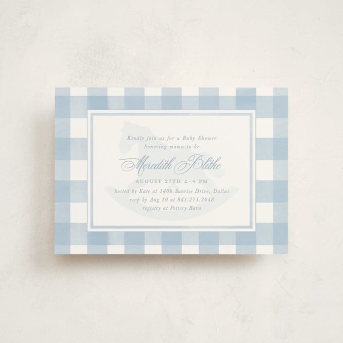 "Classic Gingham" - Baby Shower Invitations in Sky by Melinda Denison - Front