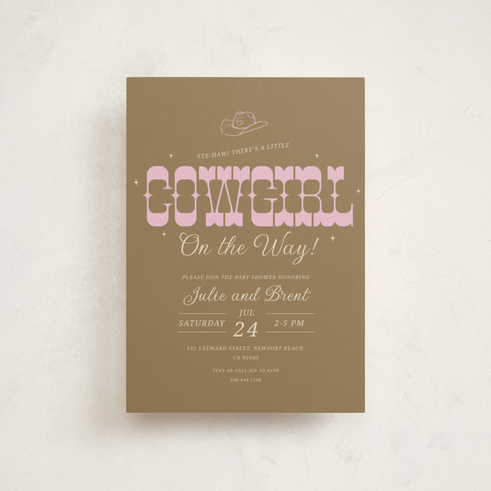 "Cowgirl on the Way!" - Baby Shower Invitations in Cocoa by Maggie Daugherty - Front