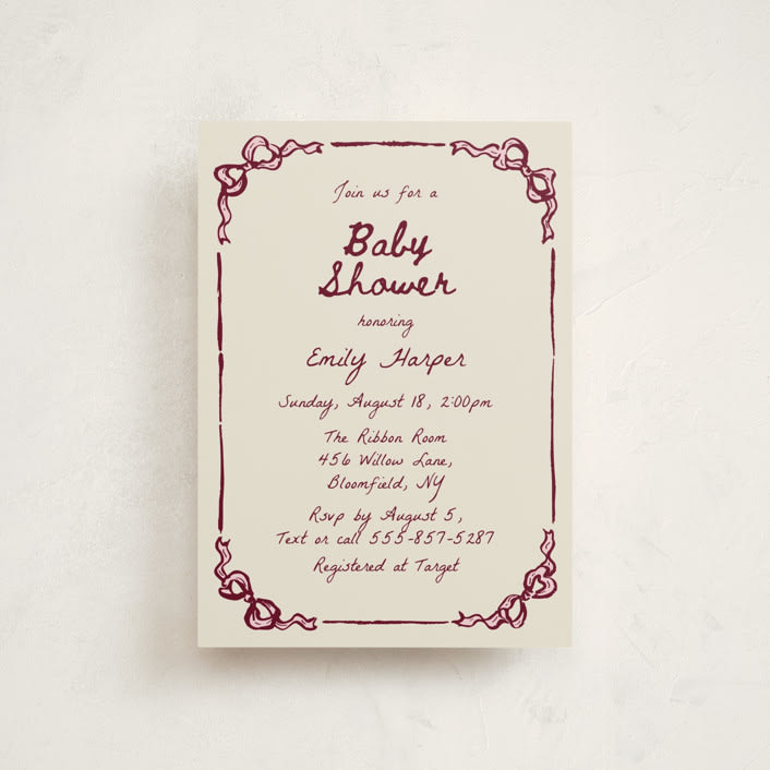 "Bow Corners" - Baby Shower Invitations in Rosewood by Cass Loh - Front