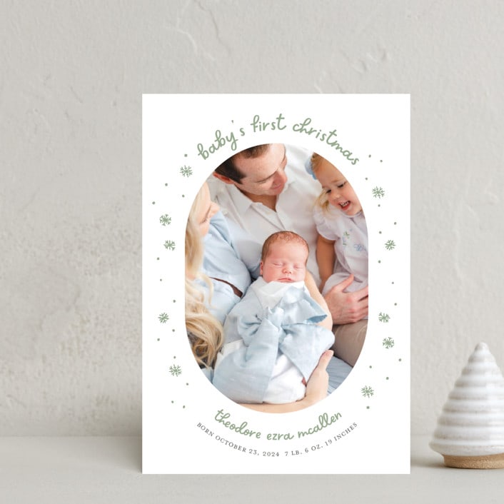 "Baby's First" - Holiday Birth Announcement Cards in Sage by Lissabeth Anglin - Front