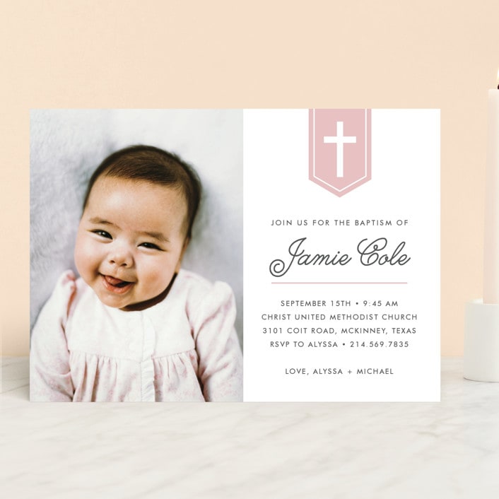 "Delicate Cross" - Baptism and Christening Invitations in Bubblegum by Susan Asbill - Front