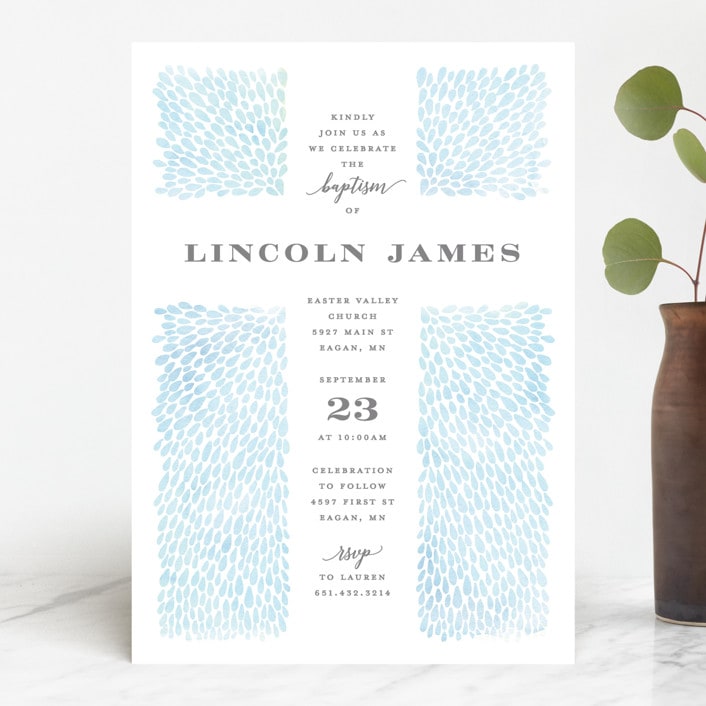 "Water drops" - Baptism and Christening Invitations in Powder Blue by Michelle Taylor - Front
