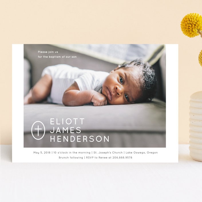 "Simply Modern Cross" - Baptism and Christening Invitations in Slate by Drango Design - Front