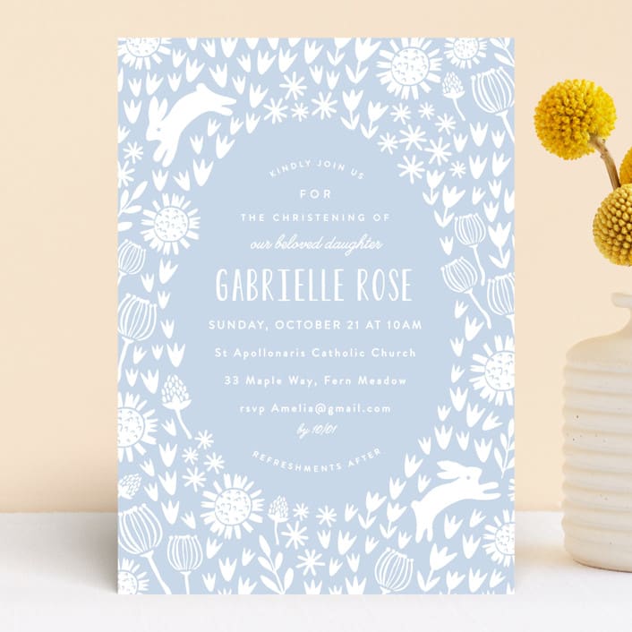 "Woodland Meadow" - Baptism and Christening Invitations in Periwinkle by Angela Thompson - Front