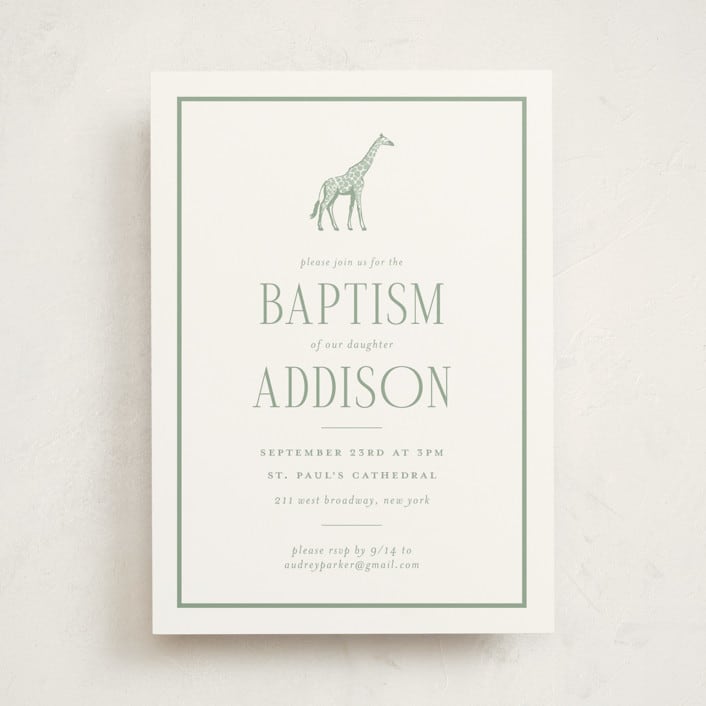 "Safari" - Baptism and Christening Invitations in Palm by Jenna Holcomb - Front