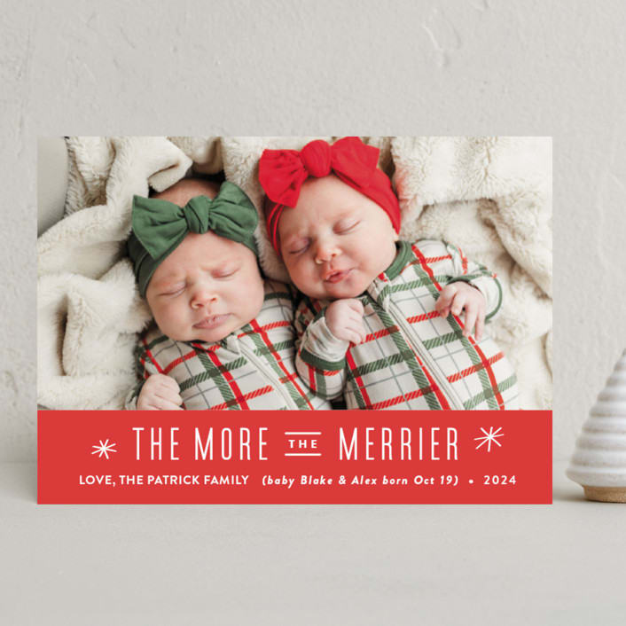 "The More, the Merrier" - Holiday Birth Announcement Cards in Candy Cane by Carolyn MacLaren - Front