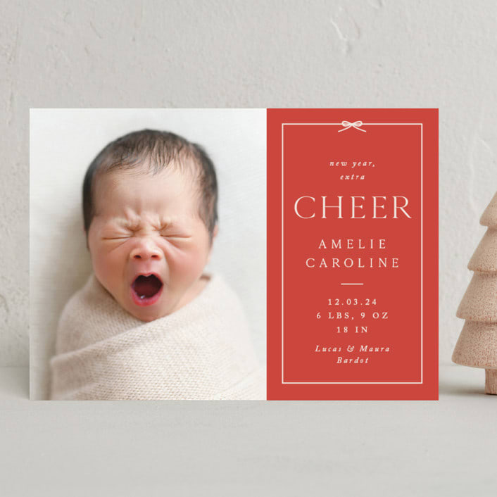 "Petite Bow" - Holiday Birth Announcement Cards in Ruby by Olivia Raufman - Front