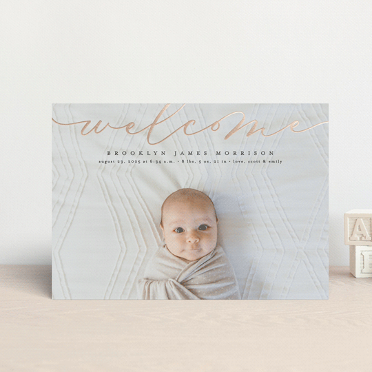 "Welcome Ribbon" - Birth Announcements in Charcoal by Erica Krystek - Front