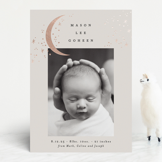 "Crescent Moon and Stars" - Birth Announcements in Cream by Alethea and Ruth - Front
