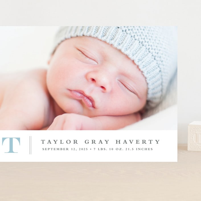 "Stately monogram" - Birth Announcements in Powder by Stacey Meacham - Front