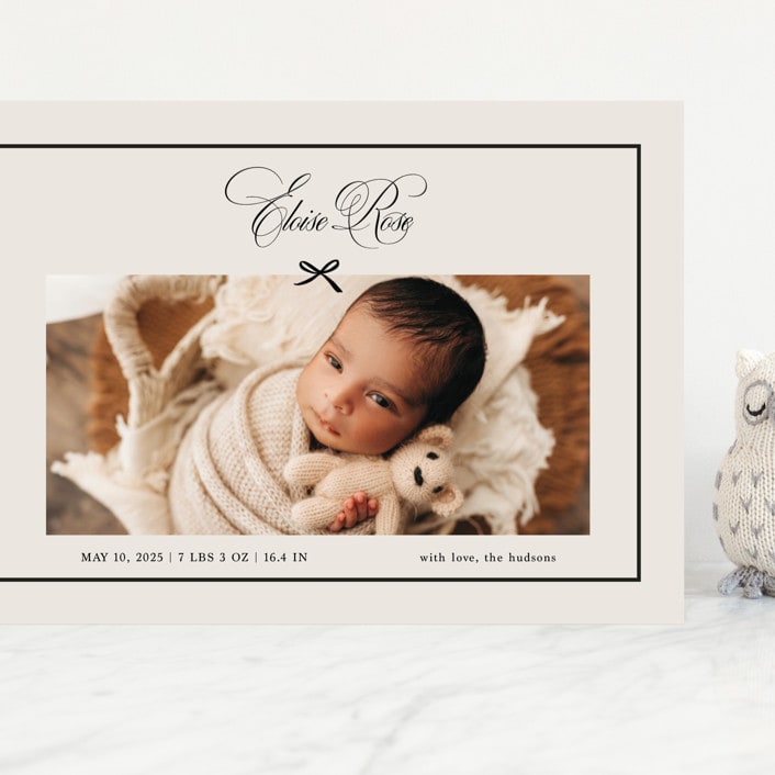 "Elegant Bow Holiday" - Birth Announcements in Charcoal by Chelsea Petaja - Front