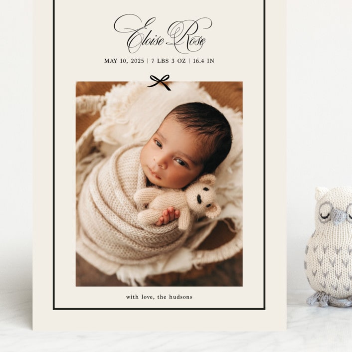 "Elegant Bow Holiday" - Birth Announcements in Charcoal by Chelsea Petaja - Front