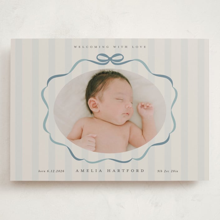 "bows and stripes" - Birth Announcements in Lagoon by Lori Wemple - Front
