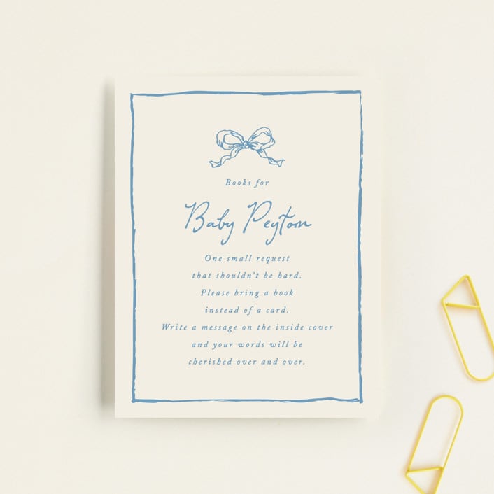 "ribbon bow drawing" - Baby Shower Insert Cards in Dusty Blue by Cass Loh - Front