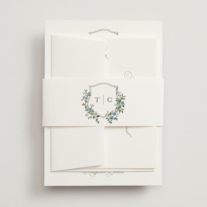 "Foliage Crest" - Belly Bands in Sky by Everett Paper Goods - Assembled with Invitation