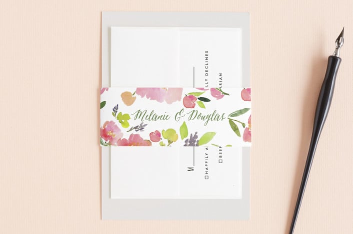 "Watercolor Floral" - Belly Bands in Olive by Yao Cheng Design - Assembled with Invitation