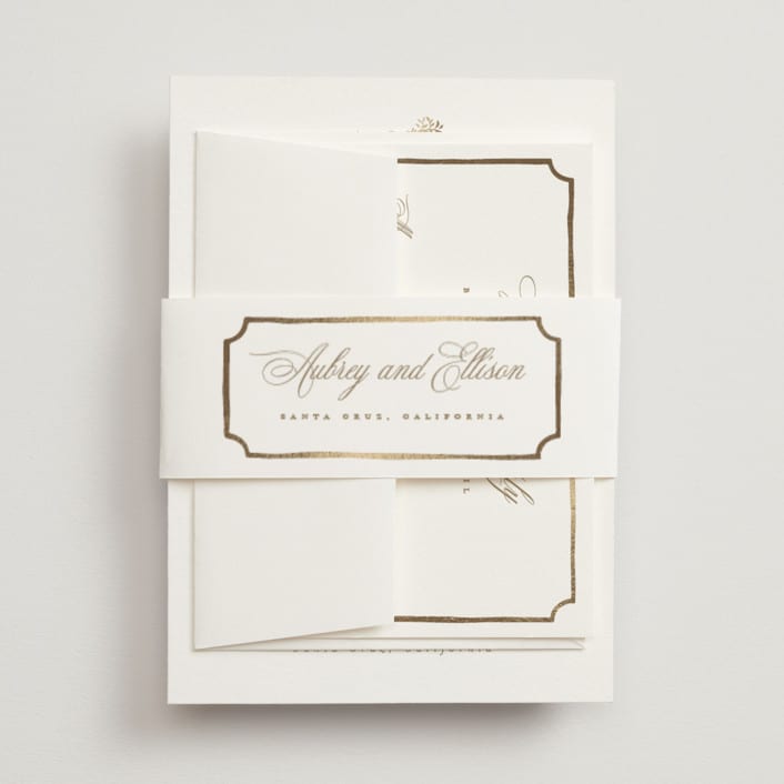"Monogram in Leaves" - Belly Bands in Pearl by Leah Bisch - Assembled with Invitation