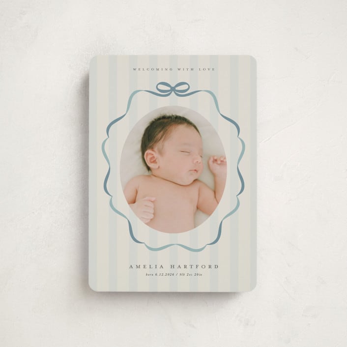 "bows and stripes" - Birth Announcements in Lagoon by Lori Wemple - Front