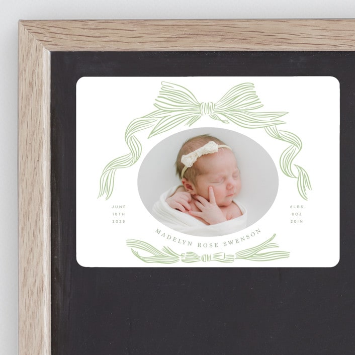 "Ribbon Bow Frame" - Birth Announcements in Mint by Stephanie Hawkes - Front