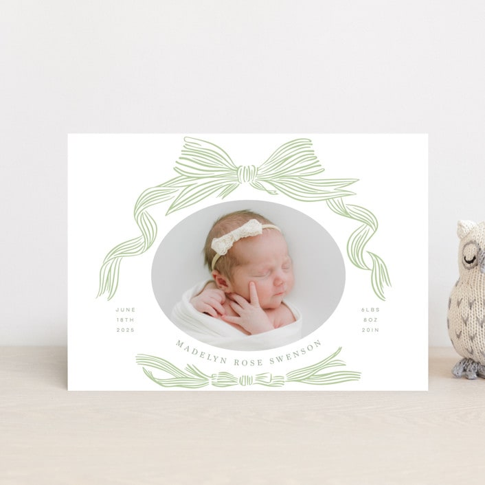 "Ribbon Bow Frame" - Birth Announcements in Mint by Stephanie Hawkes - Front