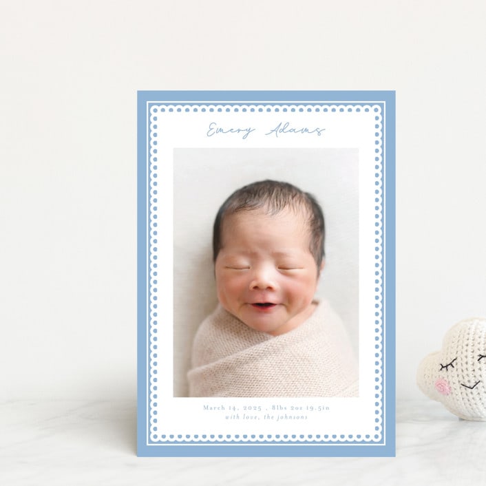 "Stitched Frame" - Birth Announcements in Sky by Nicole Walsh - Front