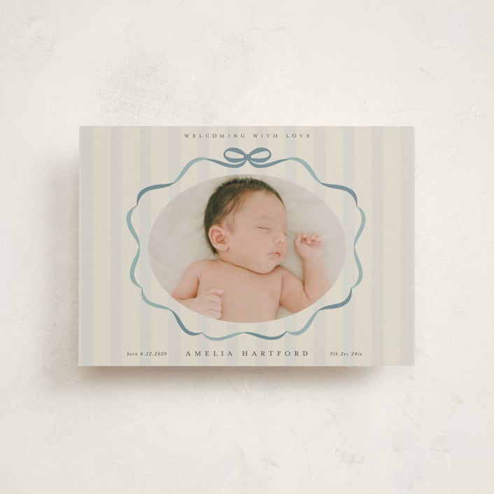 "bows and stripes" - Birth Announcements in Lagoon by Lori Wemple - Front