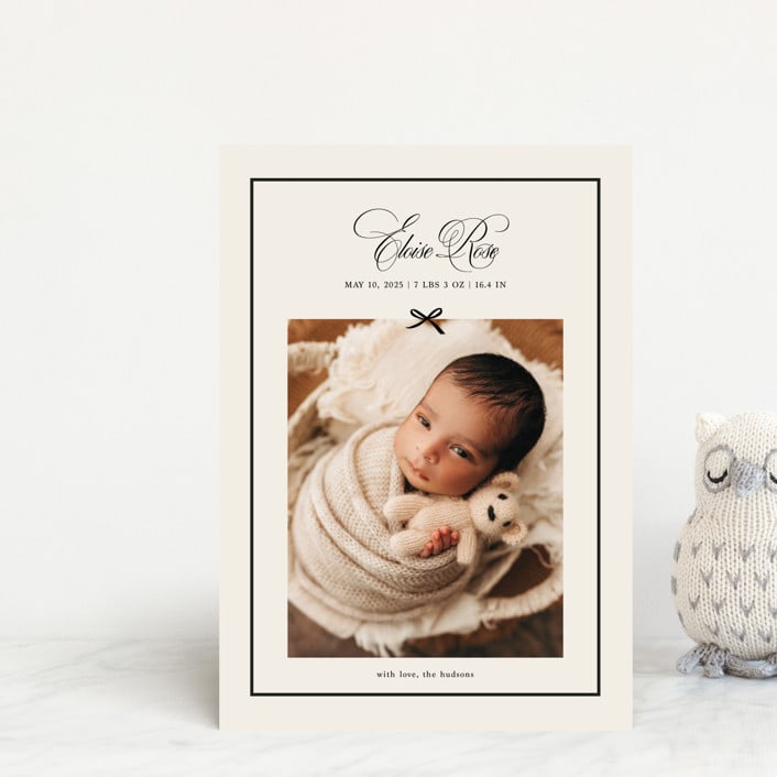 "Elegant Bow Holiday" - Birth Announcements in Charcoal by Chelsea Petaja - Front