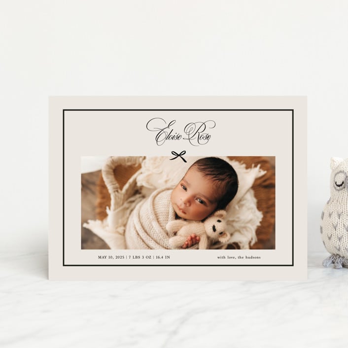 "Elegant Bow Holiday" - Birth Announcements in Charcoal by Chelsea Petaja - Front