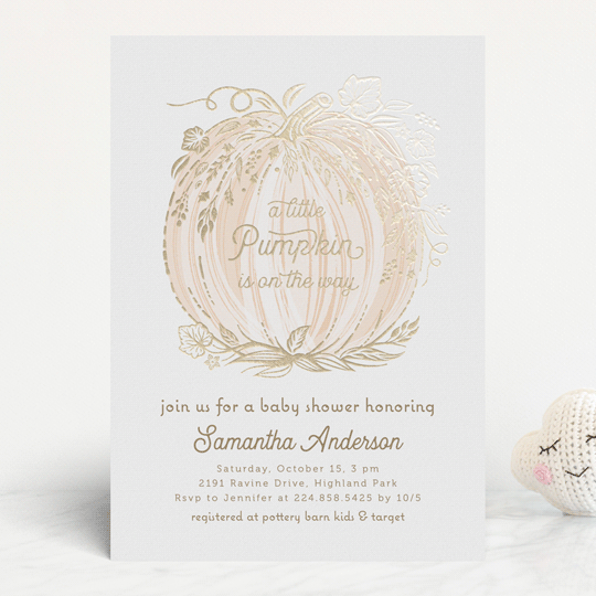 "Little Pumpkin" - Baby Shower Invitations in Peach by Paper Sun Studio - Front