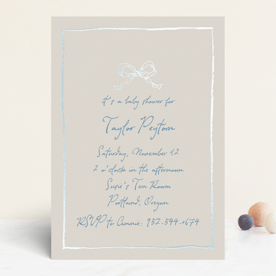 "ribbon bow drawing" - Baby Shower Invitations in Dusty Blue by Cass Loh - Front