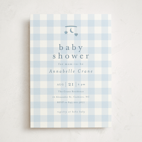 "Gingham Mobile" - Baby Shower Invitations in Baby blue by Stacey Meacham - Front