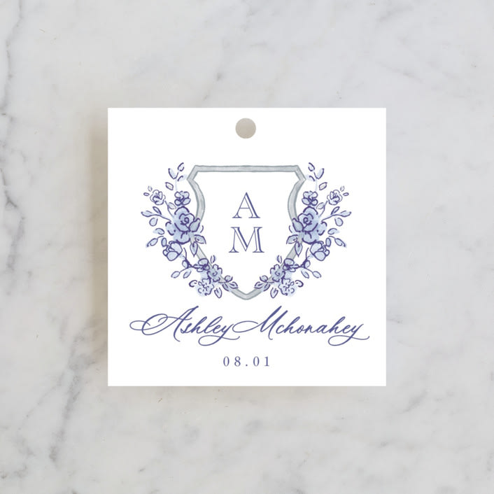 "watercolor flowers crest" - Bridal Shower Favor Tags in Dusty Blue by Cass Loh - Front