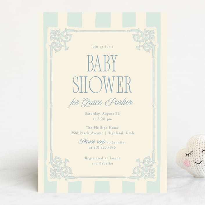 "French Frame" - Baby Shower Invitations in Powder by Robert and Stella - Front