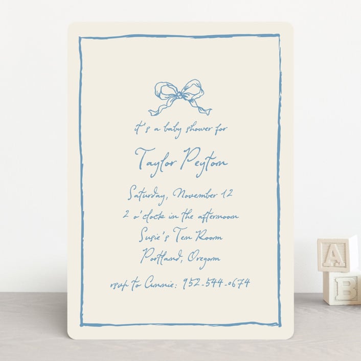 "ribbon bow drawing" - Baby Shower Invitations in Dusty Blue by Cass Loh - Front