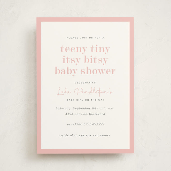 "itsy" - Baby Shower Invitations in Sweet Pink by Sara Hicks Malone - Front