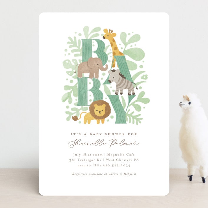 "Petite Safari" - Baby Shower Invitations in Mint by Jennifer Wick - Front