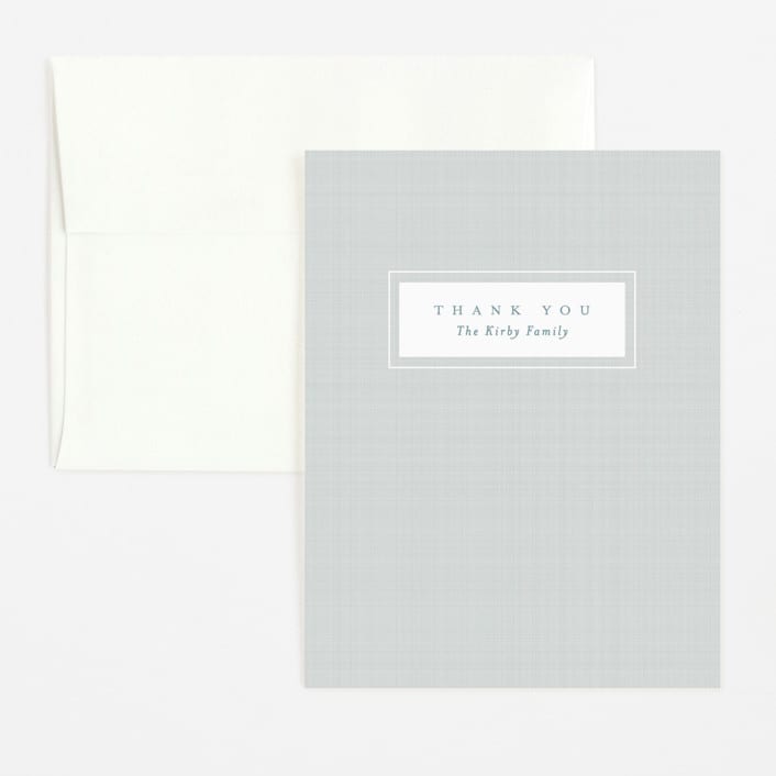 "Linen frame" - Birth Announcement Thank You Cards in Powder by Lea Delaveris - Front