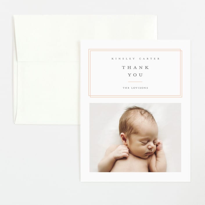 "Name Plate" - Birth Announcement Thank You Cards in Melon by Stacey Meacham - Front