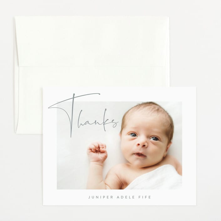 "Chic Introduction" - Birth Announcement Thank You Cards in Storm by Olivia Raufman - Front