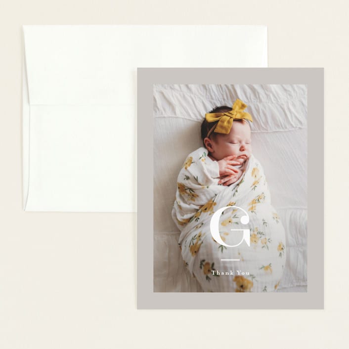 "Initial Love" - Birth Announcement Thank You Cards in Gray by Carolyn MacLaren - Front