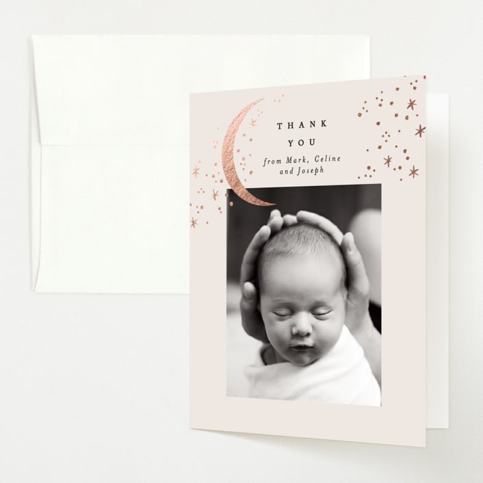 "Crescent Moon and Stars" - Foil-Pressed Birth Announcement Thank You Cards in Cream by Alethea and Ruth - Front